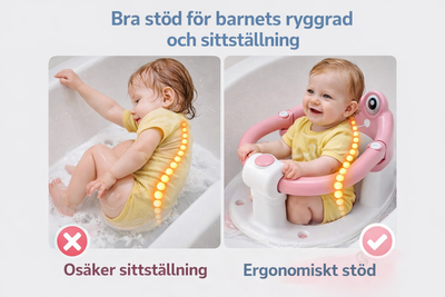 Velora BabyBath Pro™ Designen ger bra stöd för rygg och kropp så barnet sitter tryggt